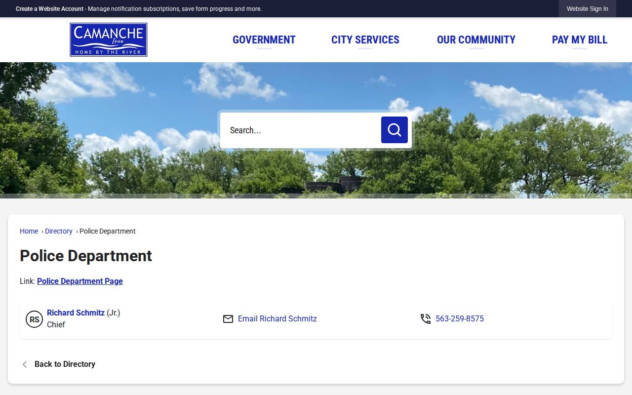 Camanche Police official contact directory for recent arrest record requests